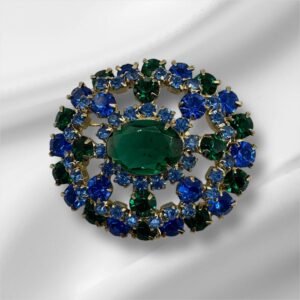 Deep Blue and Green Rhinestone Brooch