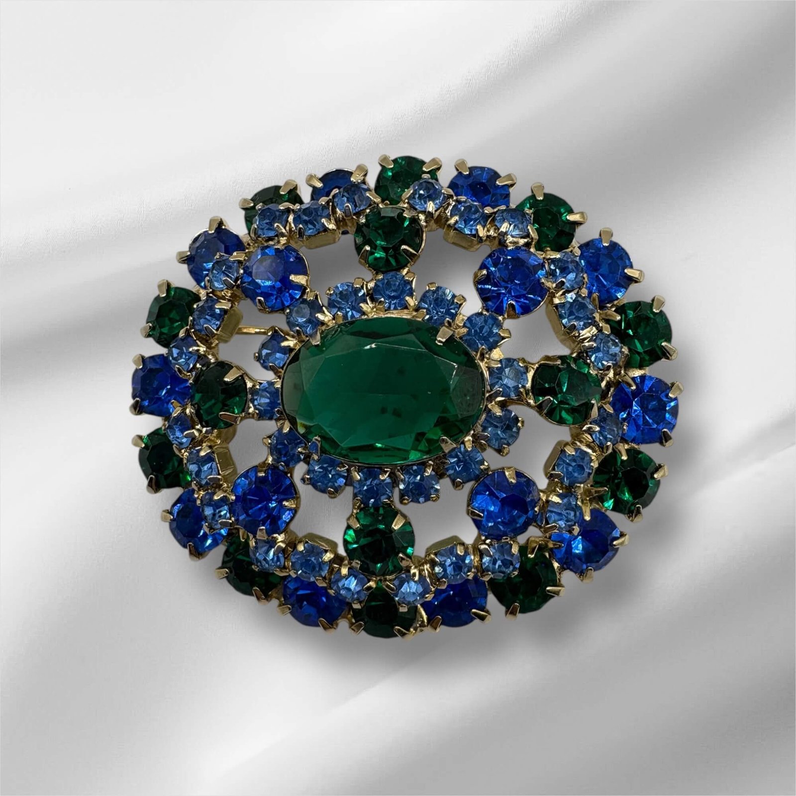 Deep Blue and Green Rhinestone Brooch