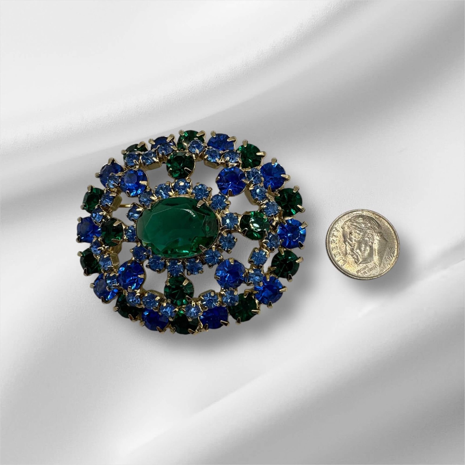 Deep Blue and Green Rhinestone Brooch - Image 2