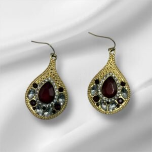 Gold Teardrop Earrings with Red and Crystal Stones