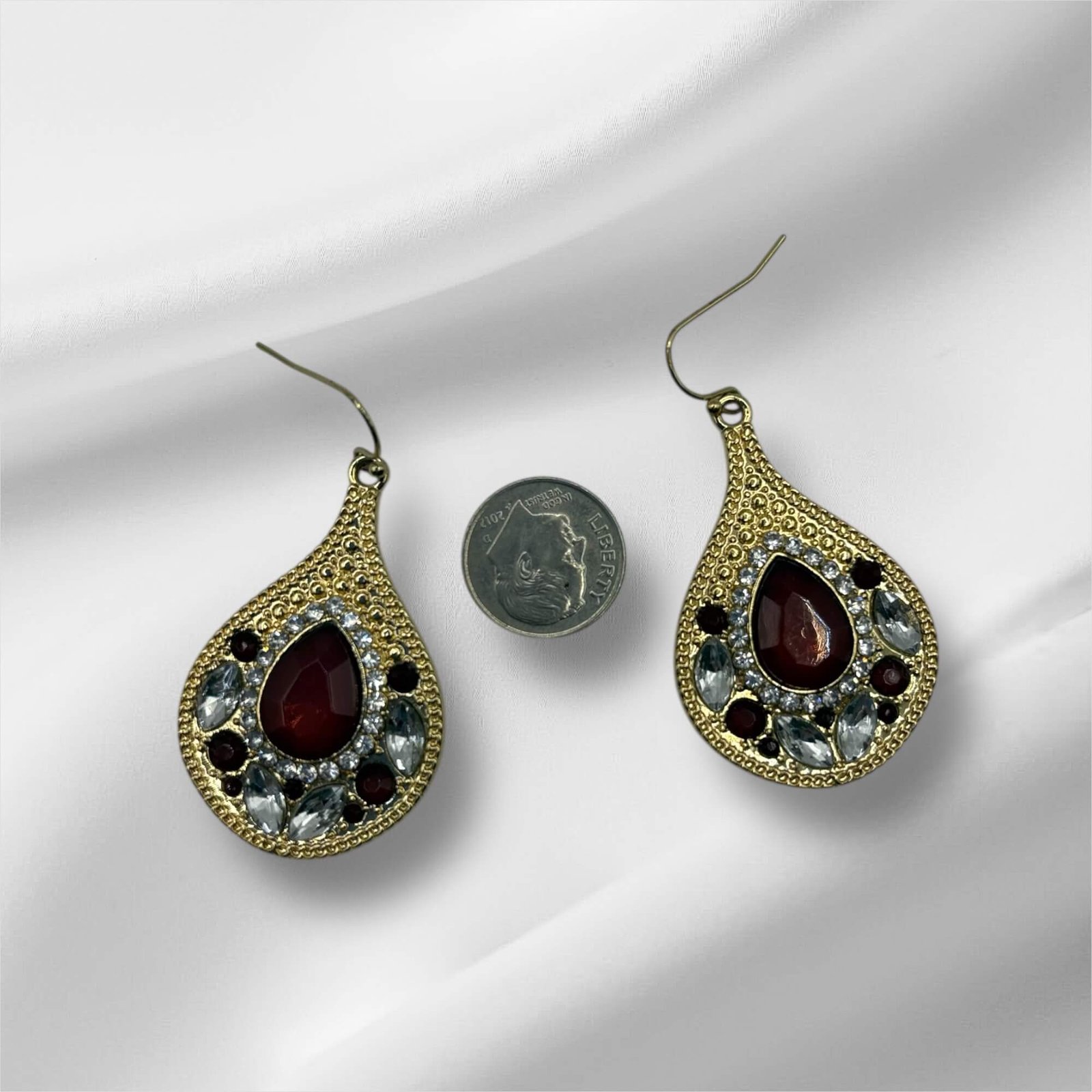 Gold Teardrop Earrings with Red and Crystal Stones - Image 2