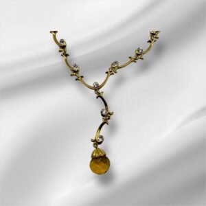 Delicate Gold Toned Floral Pattern Necklace with Rhinestones and Dangle Yellow Stone