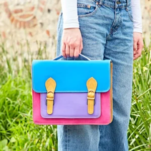 Multi Colored Recycled Leather Satchel produced by Paper High Gift Company, a Fair Trade company based in London