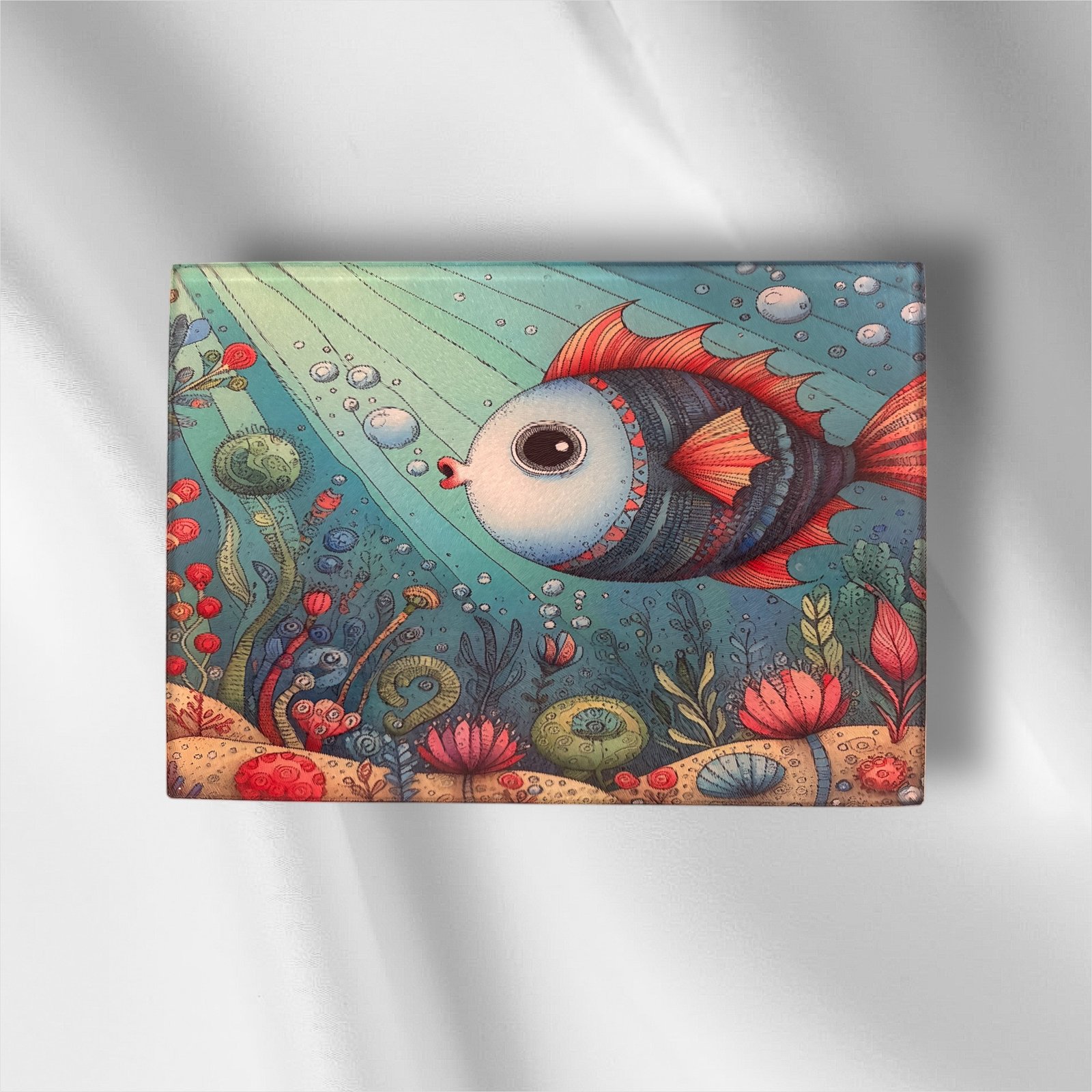8 x 11 Tempered Glass Cutting Board - Whimsical Fish