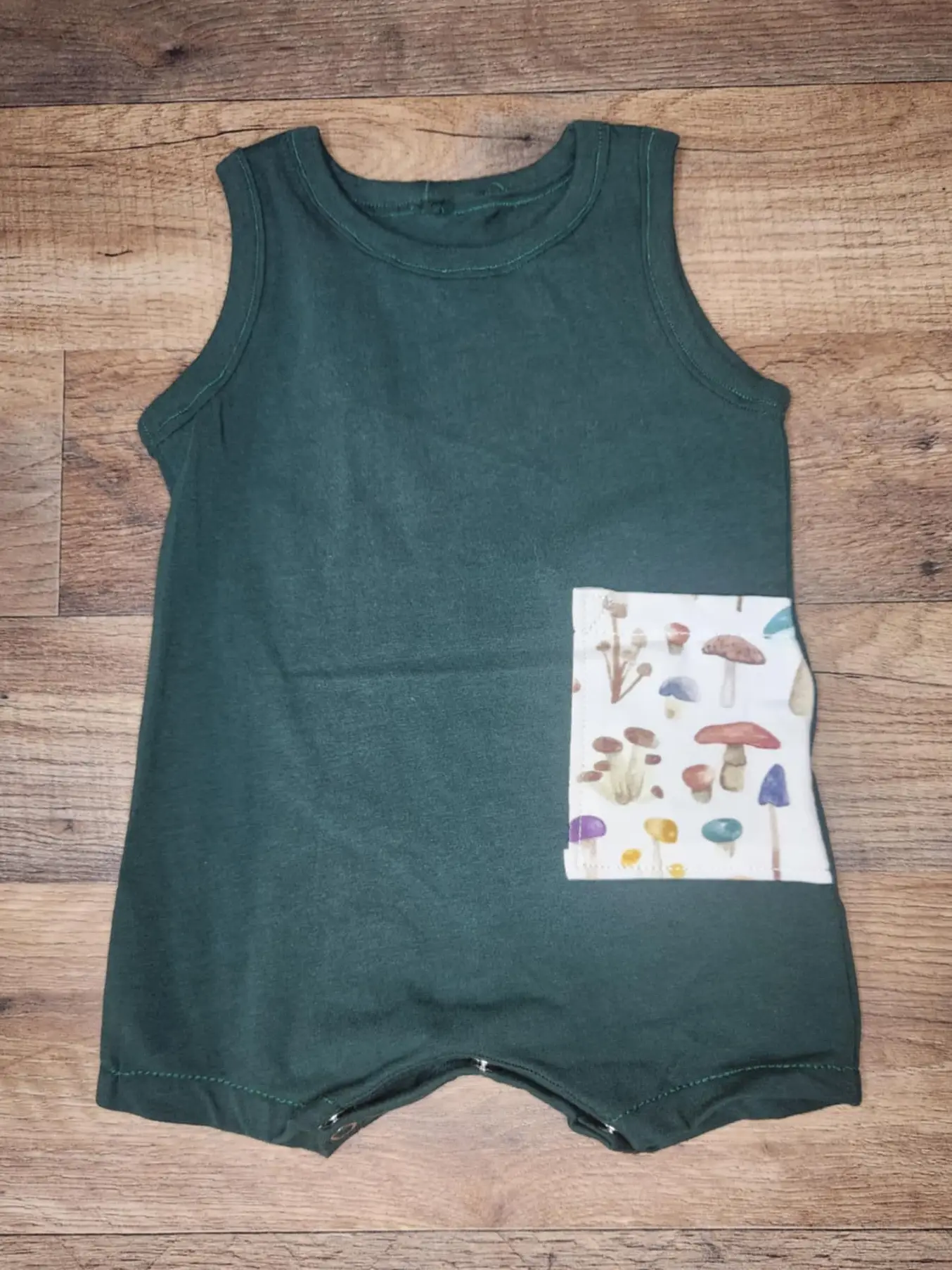 Small Blessings Designs Tank Romper with Mushroom Pocket